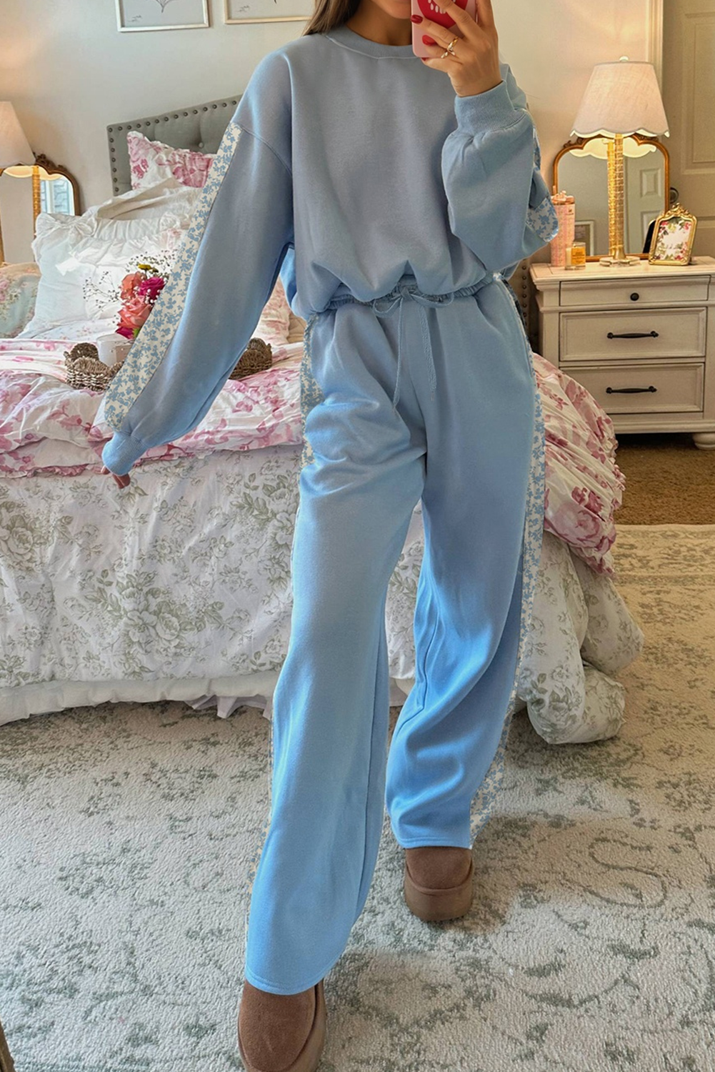 Beau Blue Floral Patchwork Drop Shoulder Pullover and Sweatpants Lounge Set