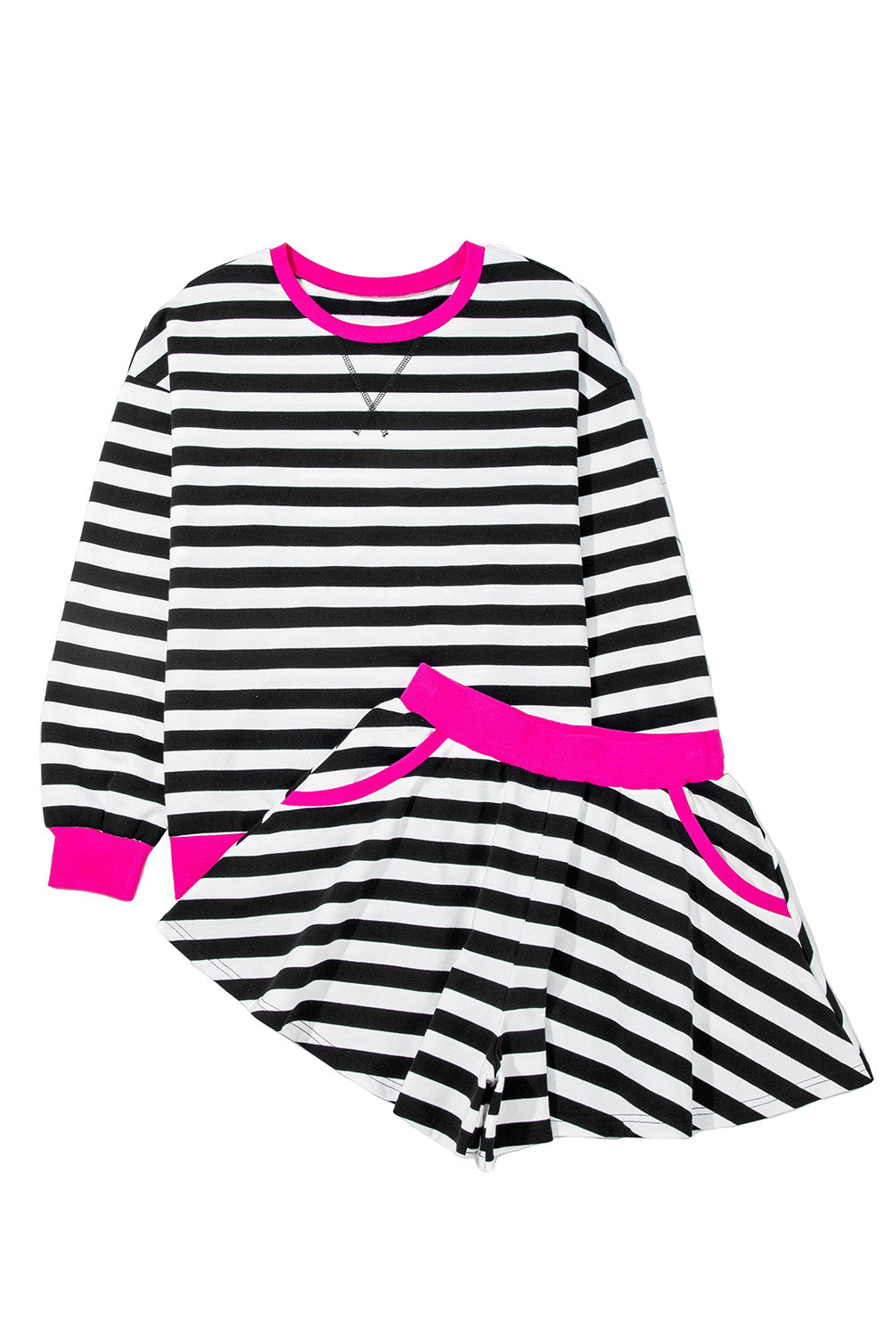 Gray Stripe Contrast Ribbed Banding Long Sleeve Blouse Loose Shorts Set