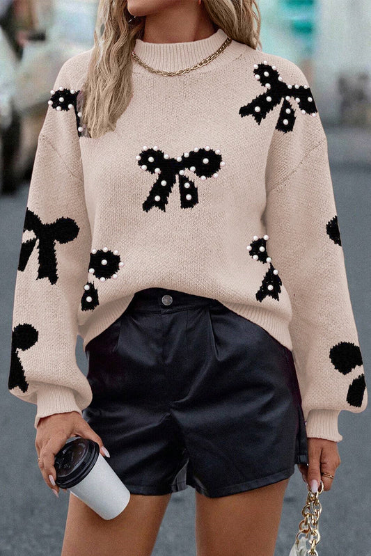 Smoke Gray Pearl Embellished Bow Pattern Loose Sweater