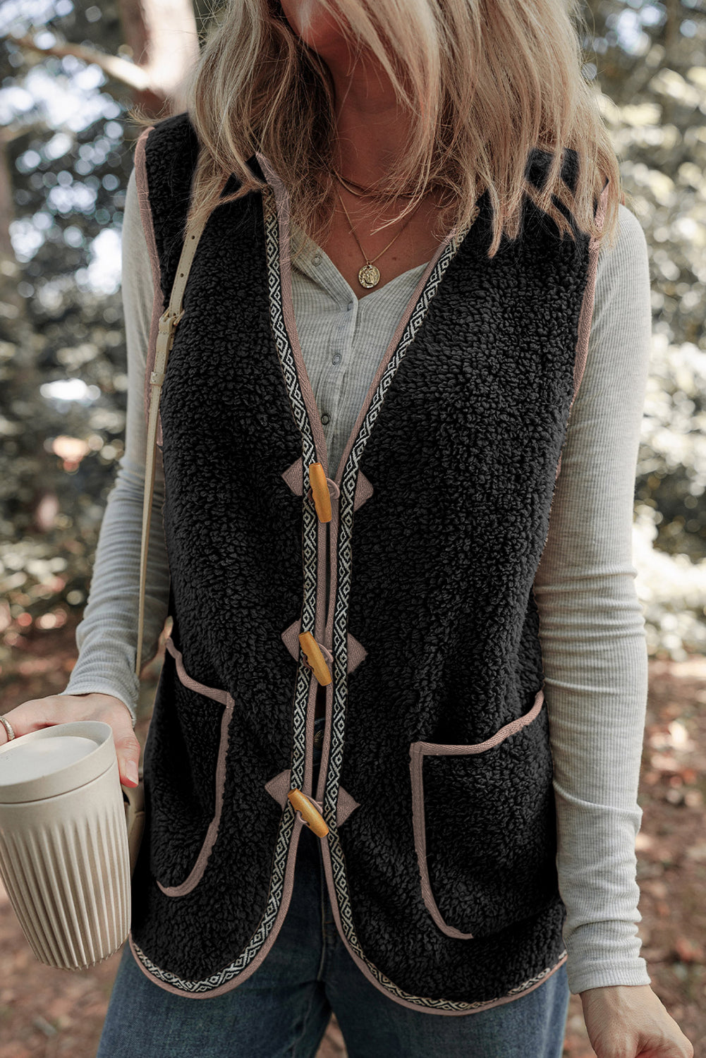Dark Grey Sherpa Contrast Trim Patch Pocket Cartridge Toggle Button Vest