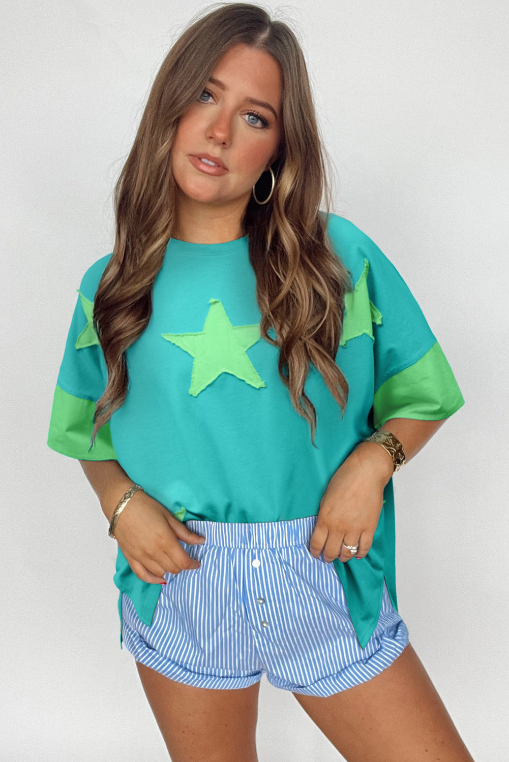 Myosotis Frayed Denim Star Patched Oversize T Shirt