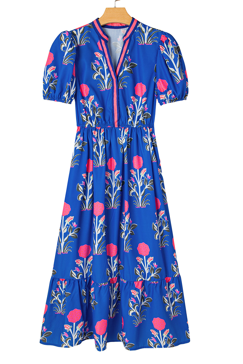 White Floral Puff Short Sleeve V Neck High Waist Maxi Dress