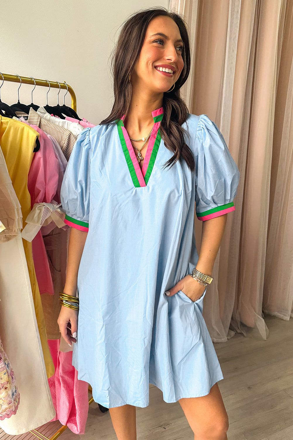 Myosotis Contrast Striped Notched V Neck Puff Sleeve Mini Dress