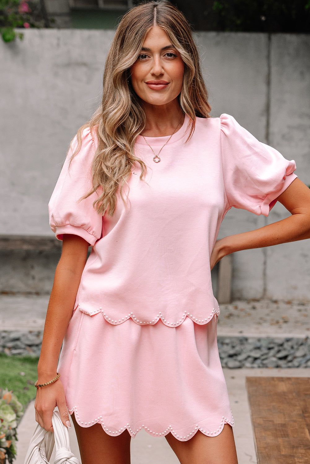 Beau Blue Puff Sleeve Pearl Embellished Scallop Trim Top 2 Piece Skort Set