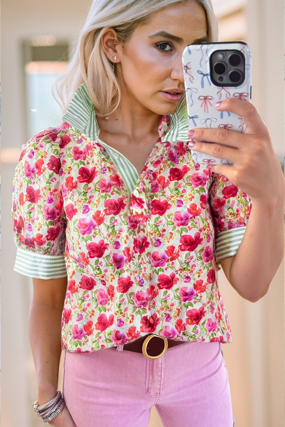 Sky Blue Floral Print Striped Patchwork Collared Short Sleeve Blouse