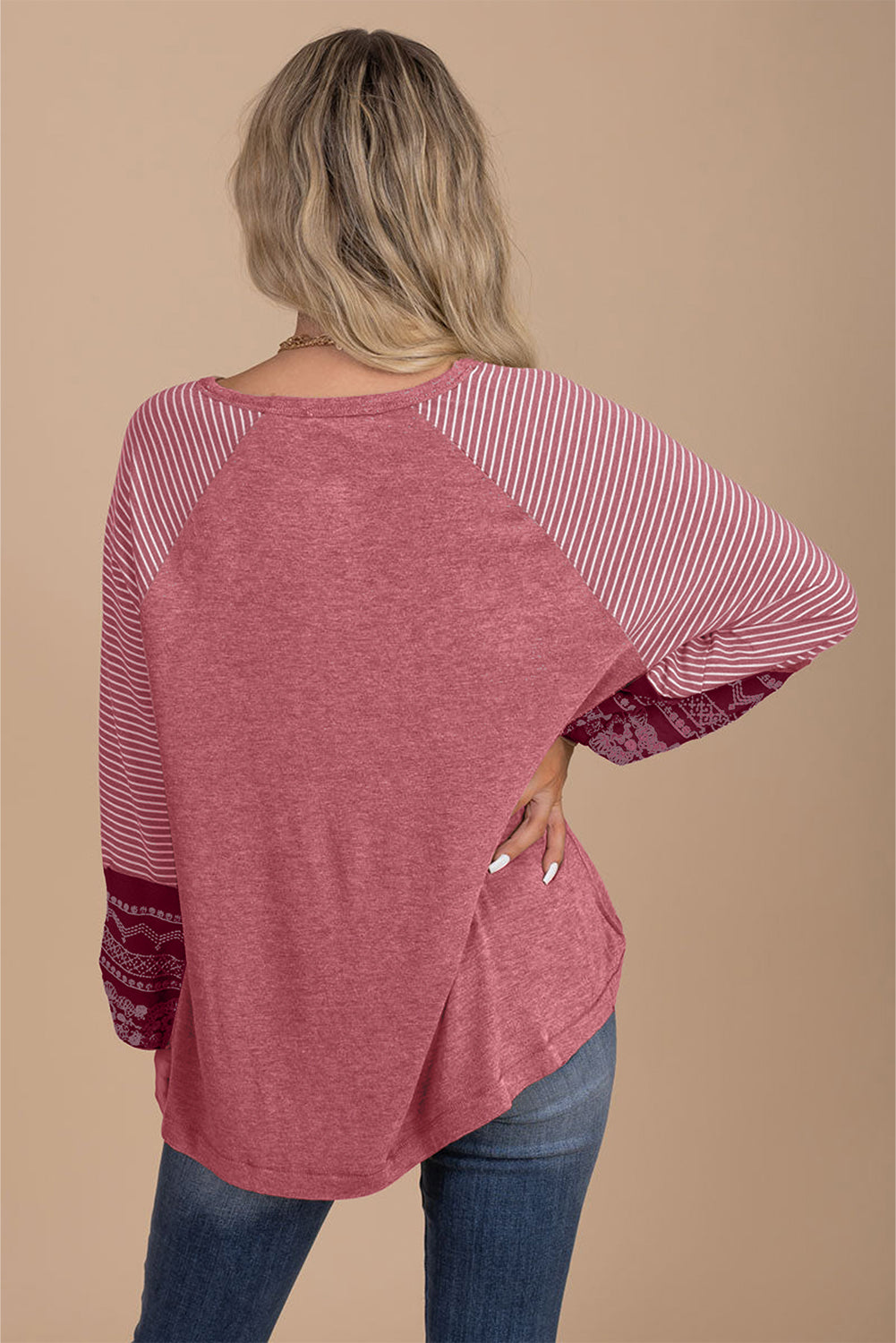 Black Contrast Print Striped Raglan Long Sleeve Loose Top
