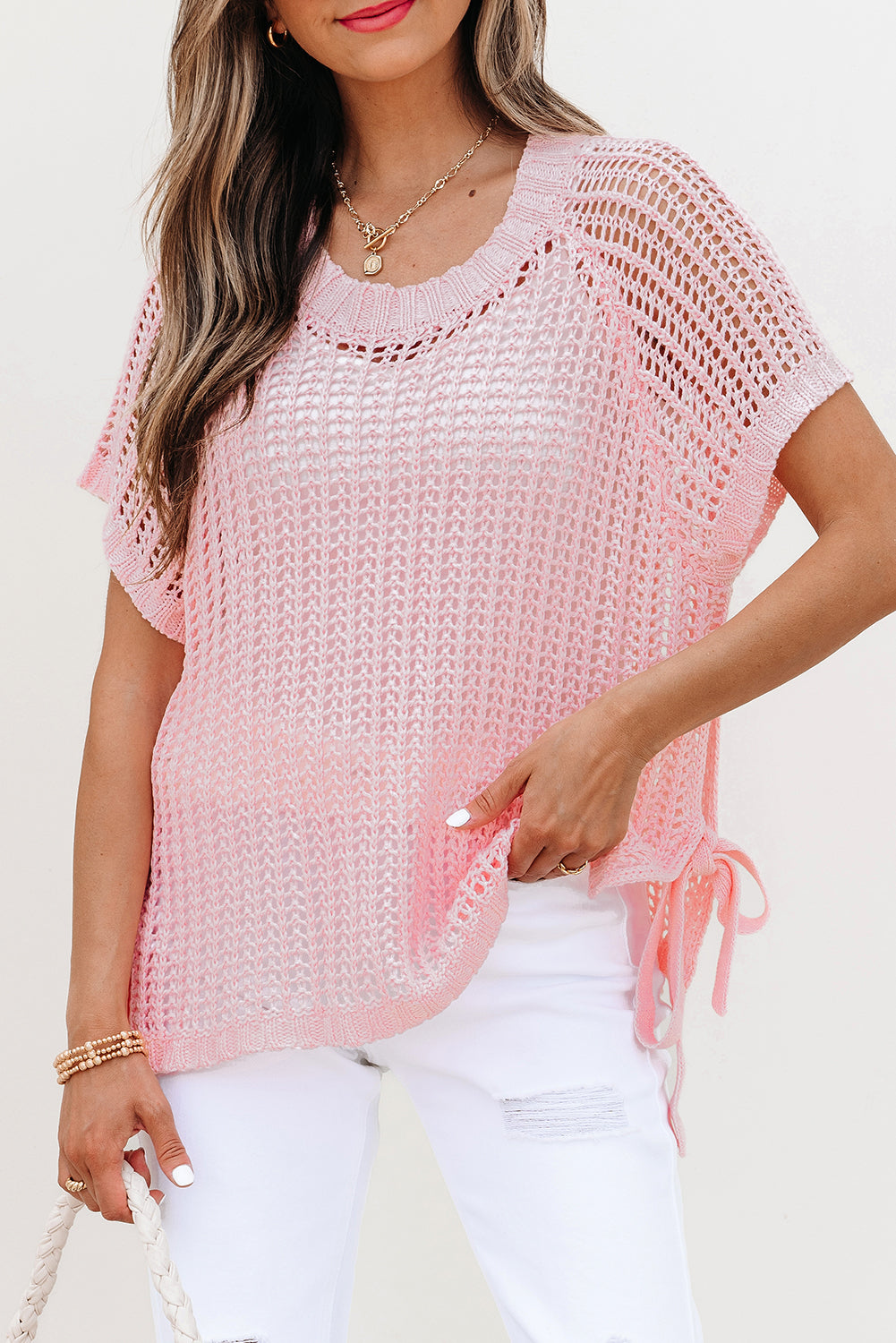 Yellow Cream Hollow-out Crochet Side Tied Short Sleeve Sweater