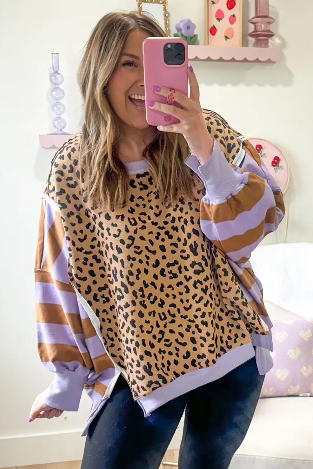 Khaki Stripe Color Block Patchwork Leopard Casual Sweatshirt with Slits