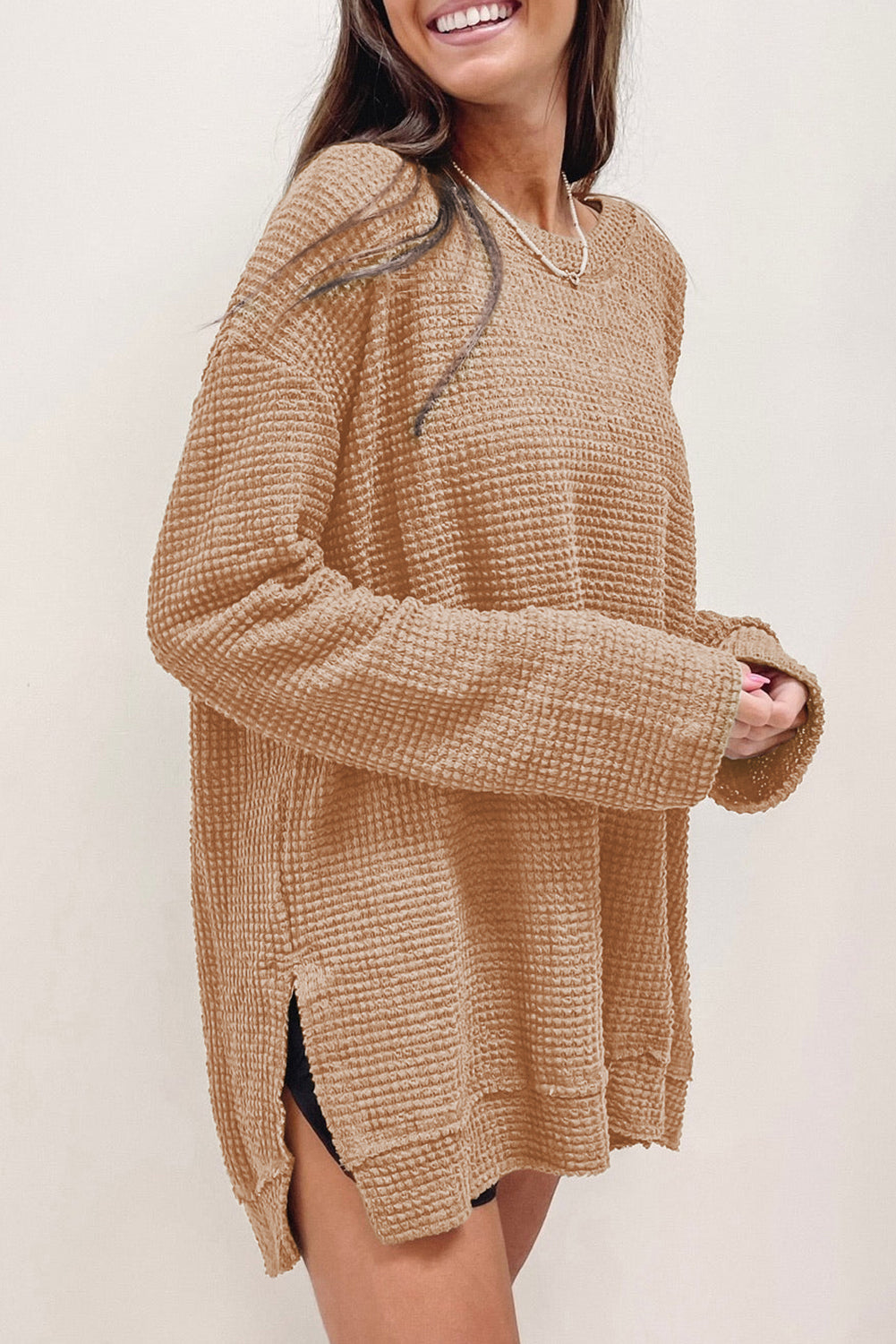 Gray Waffle Knit High Slits Oversized Top