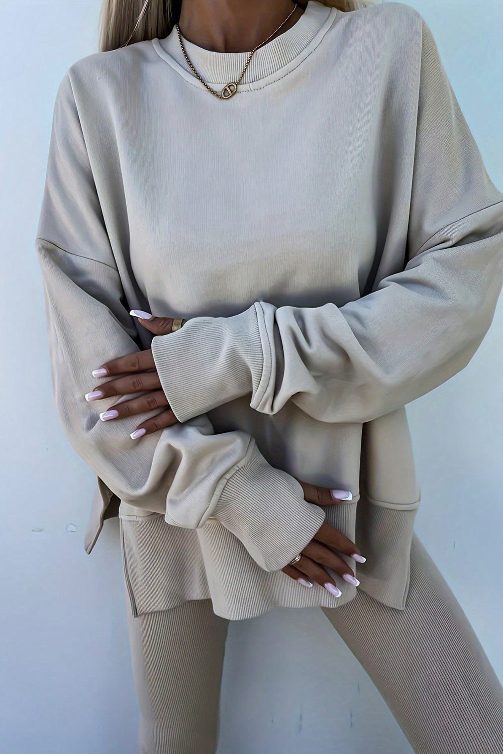 Jet Stream Solid Color Oversize Slit Sweatshirt Ribbed Leggings 2pcs Set