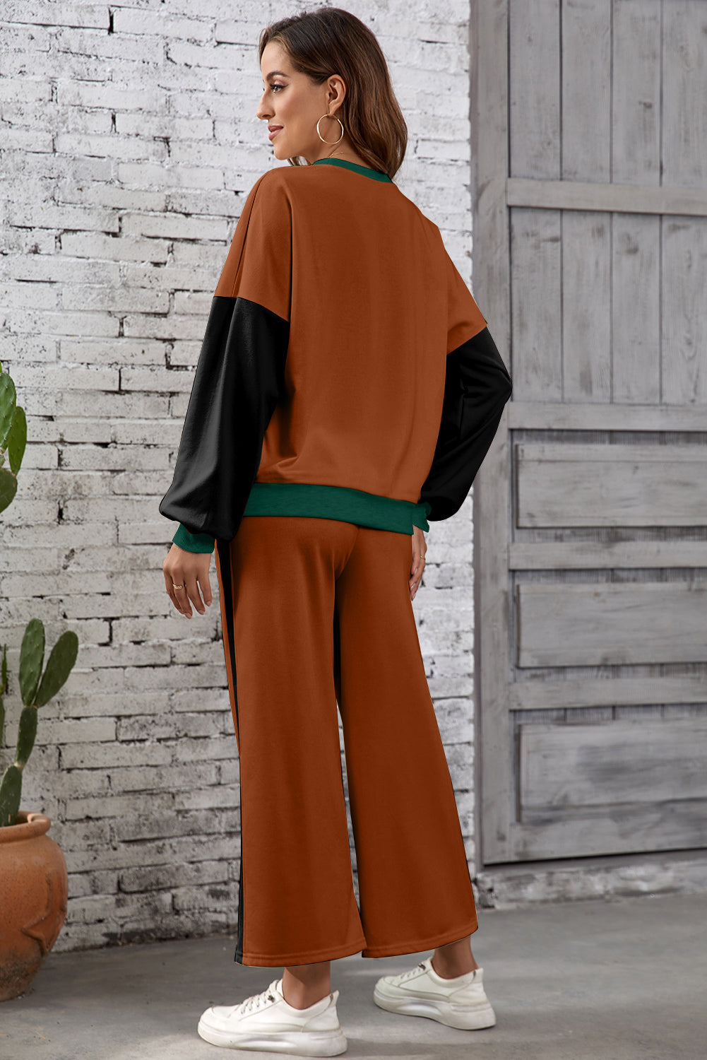 Black 2pcs Color Block Pullover Loose Pant Set