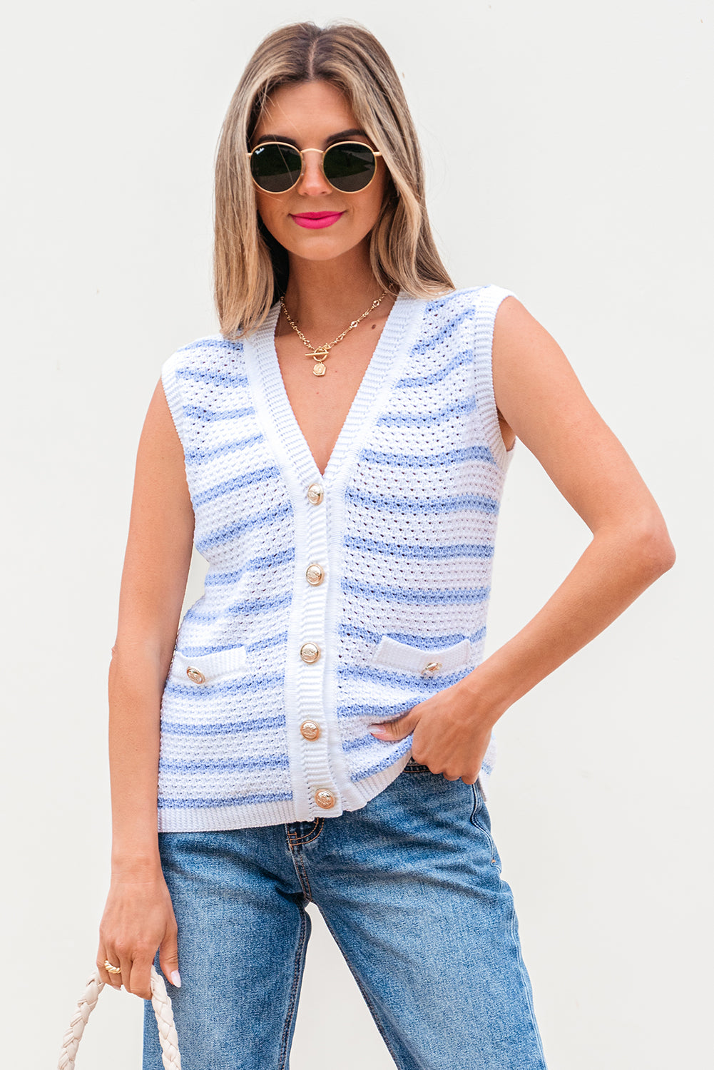 Pink Stripe V Neck Gold Buttons Elegant Sweater Vest