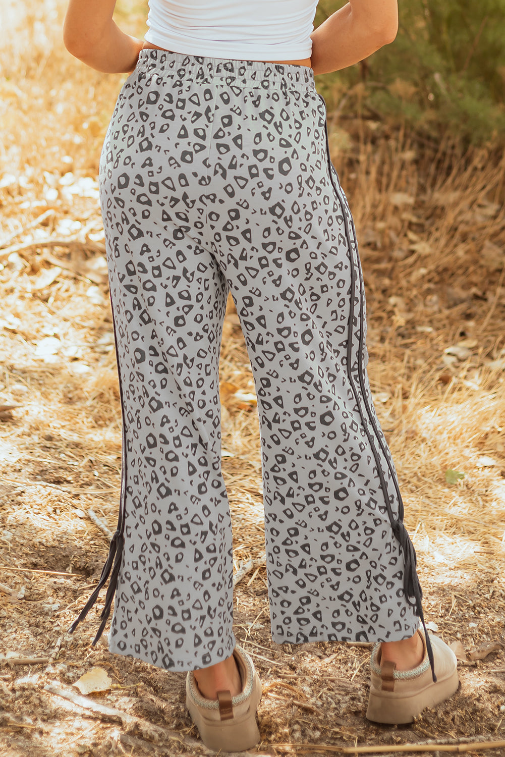 Khaki Leopard High Waist Side Bow Straight Leg