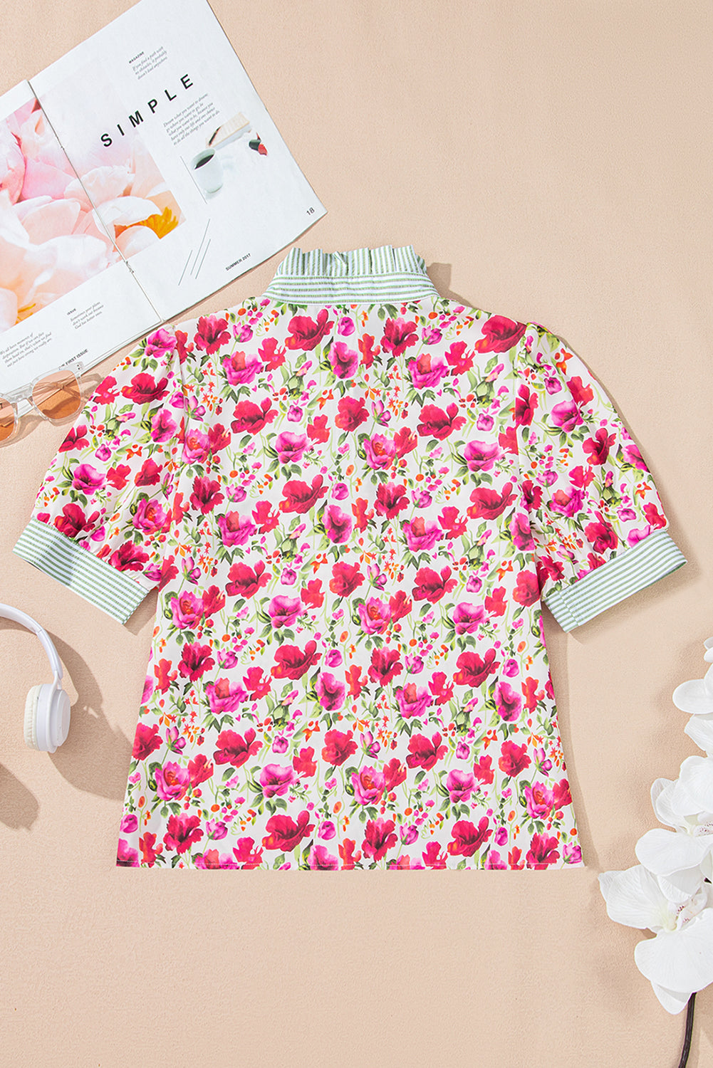 Sky Blue Floral Print Striped Patchwork Collared Short Sleeve Blouse
