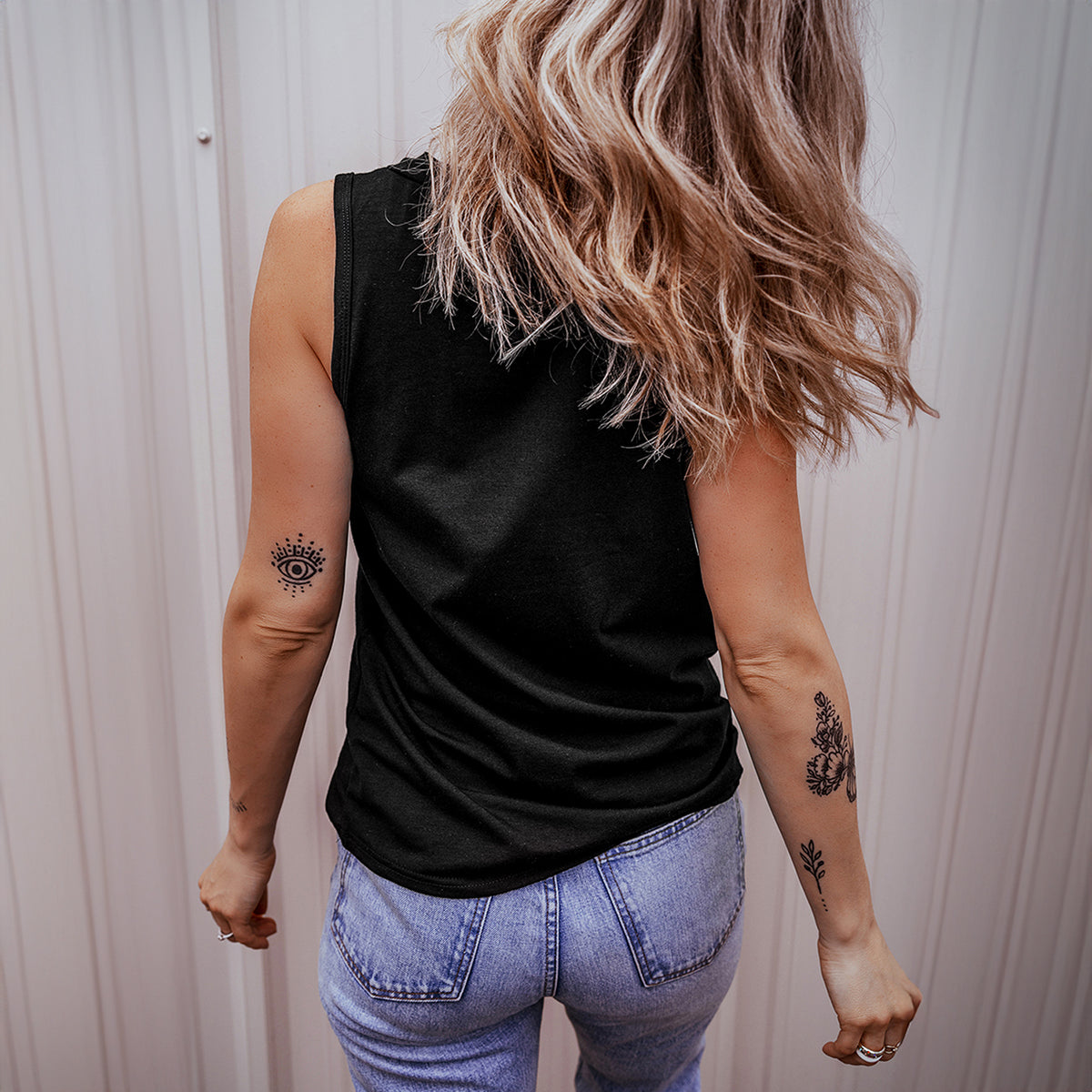 Black Half Button V Neck Patched Pocket Tank Top