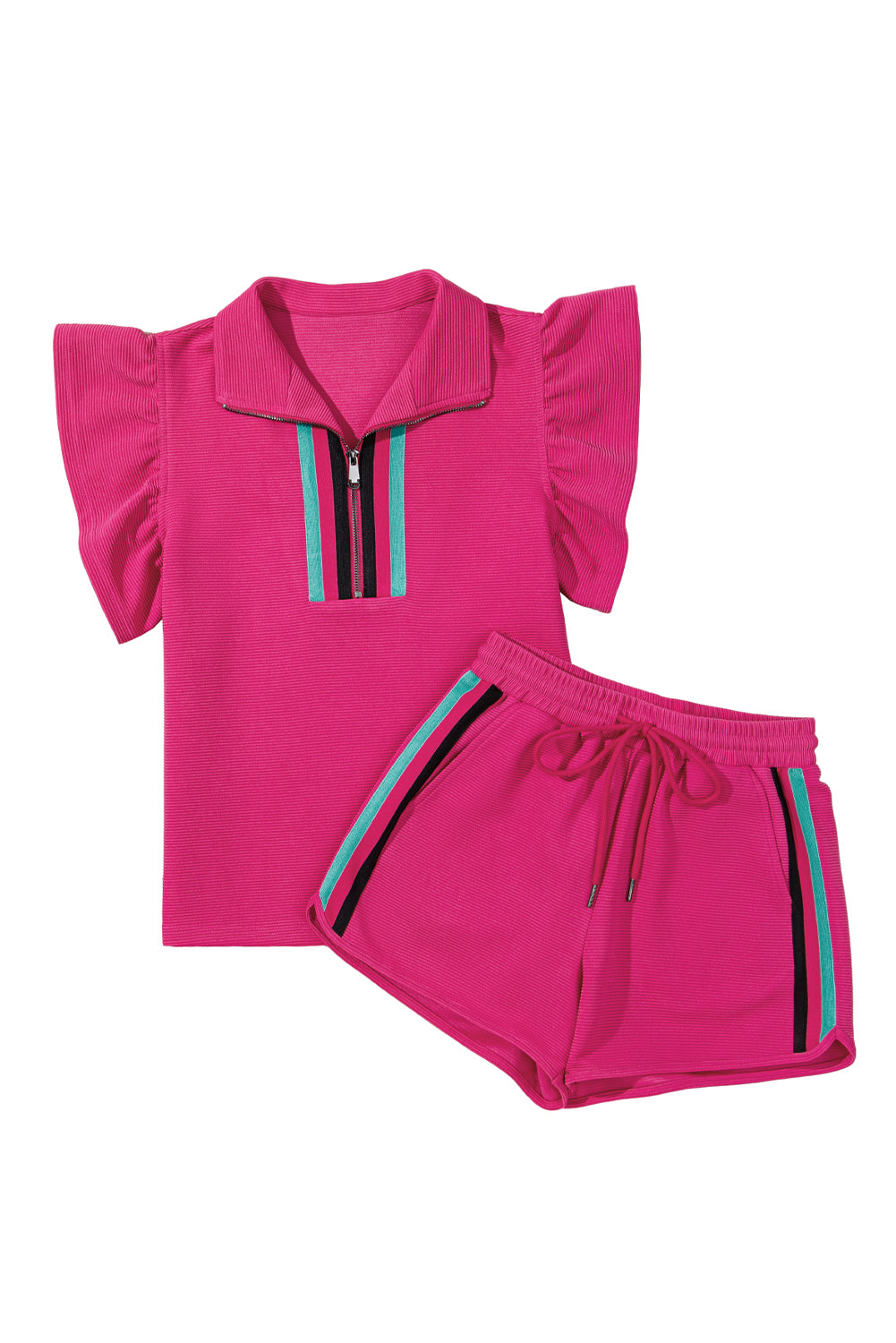 Beau Blue Striped Detail Flutter Sleeve Zipped Collar Short Set