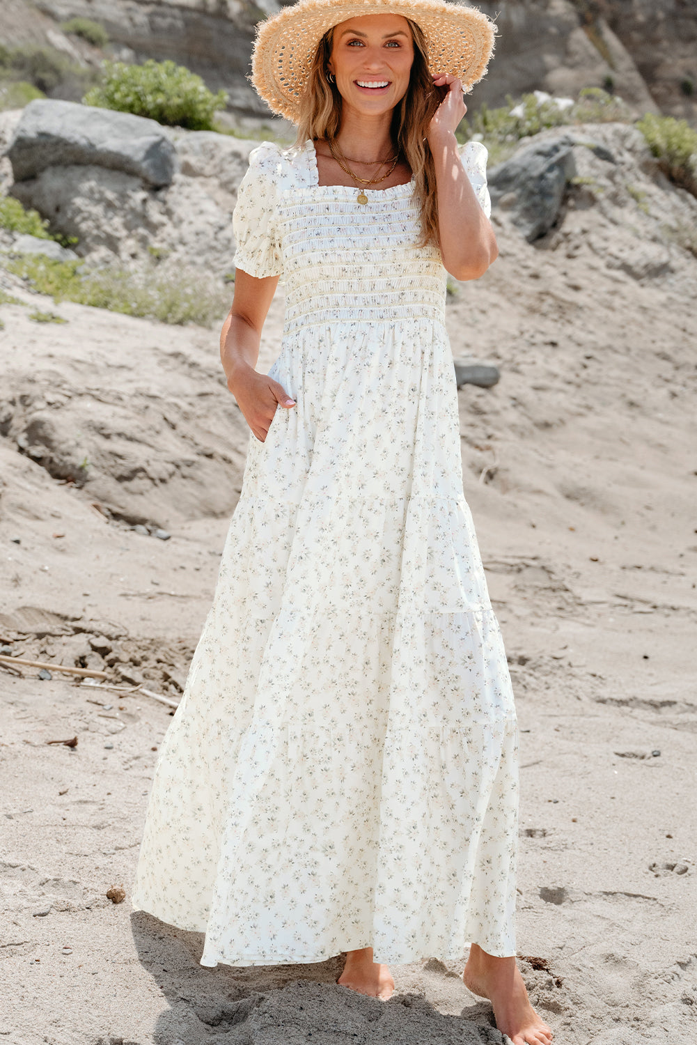 Pink Frilly Shirred Bodice Tiered Floral Maxi Dress