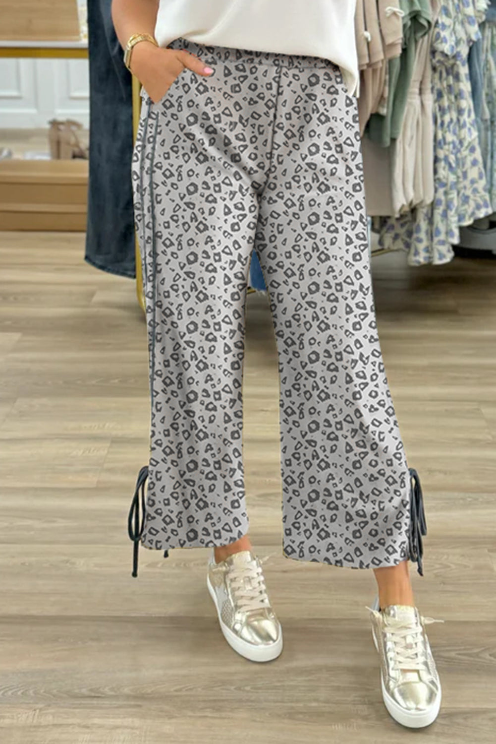 Khaki Leopard High Waist Side Bow Straight Leg