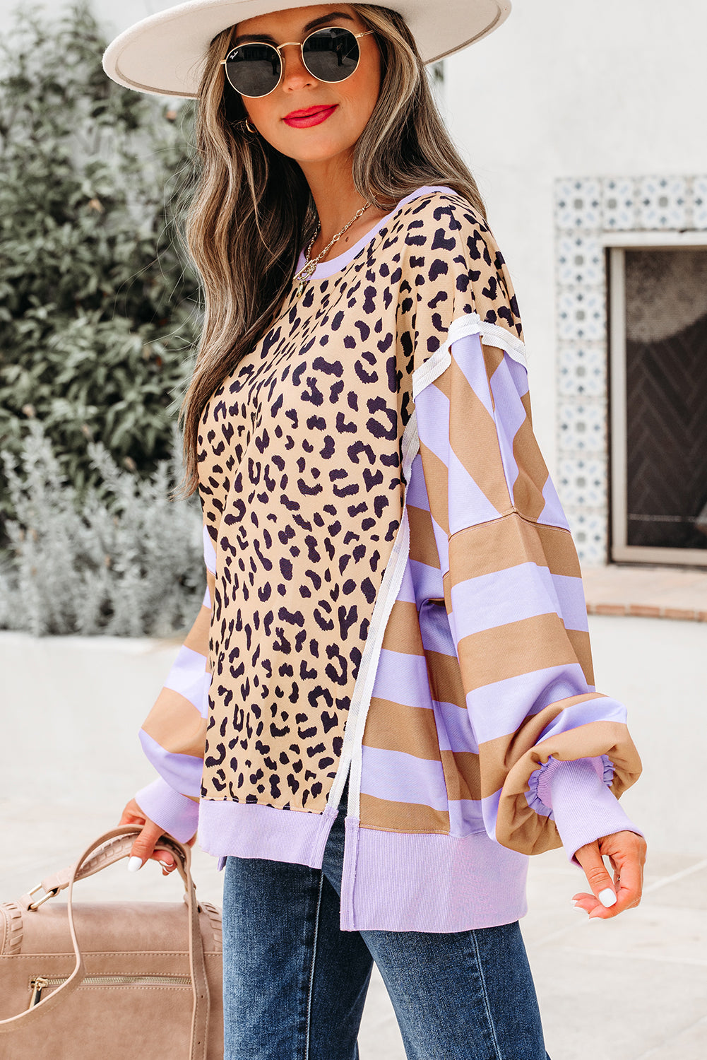 Khaki Stripe Color Block Patchwork Leopard Casual Sweatshirt with Slits