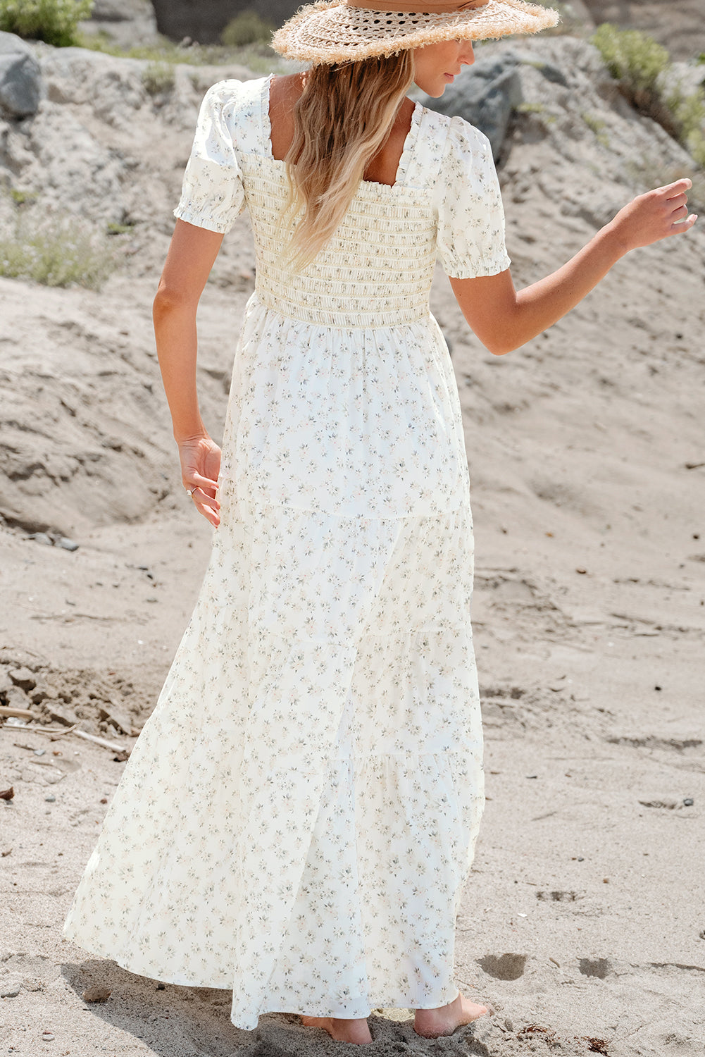 Pink Frilly Shirred Bodice Tiered Floral Maxi Dress