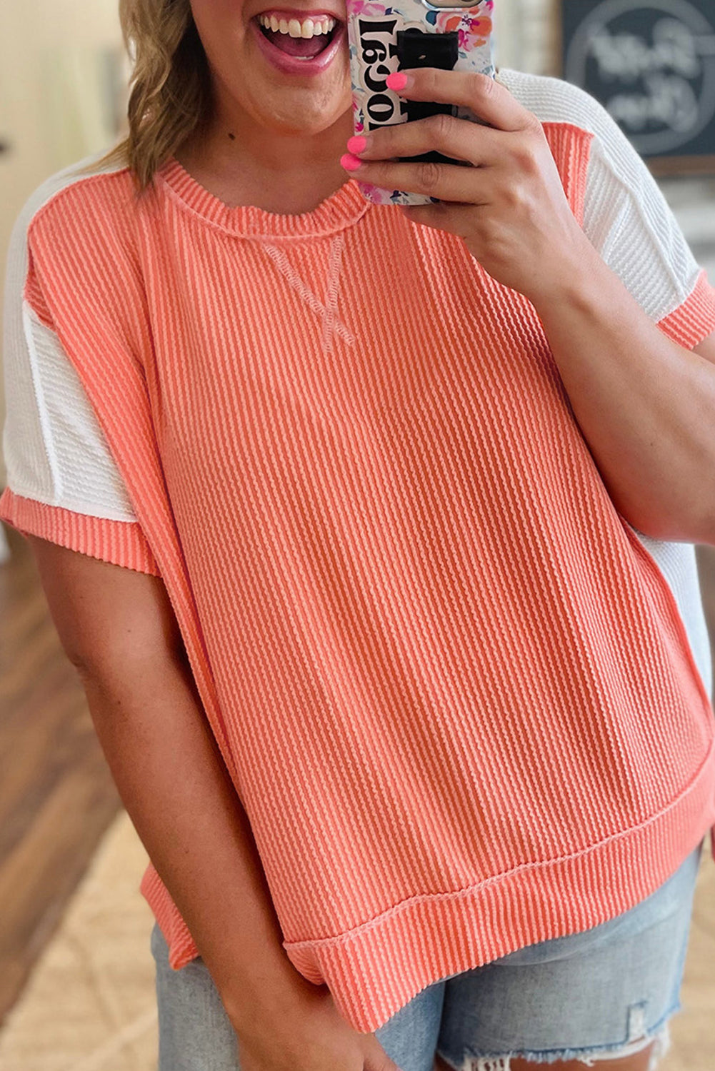 Parchment Twist Rib Colorblock Hi Low Plus Size Short Sleeve Top