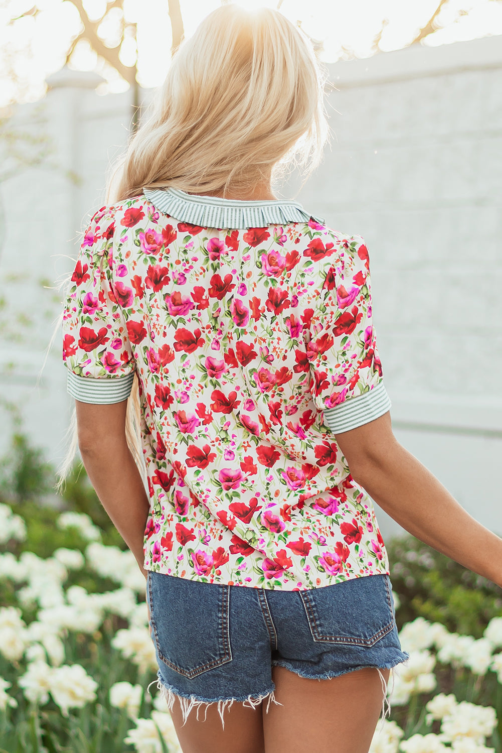 Sky Blue Floral Print Striped Patchwork Collared Short Sleeve Blouse