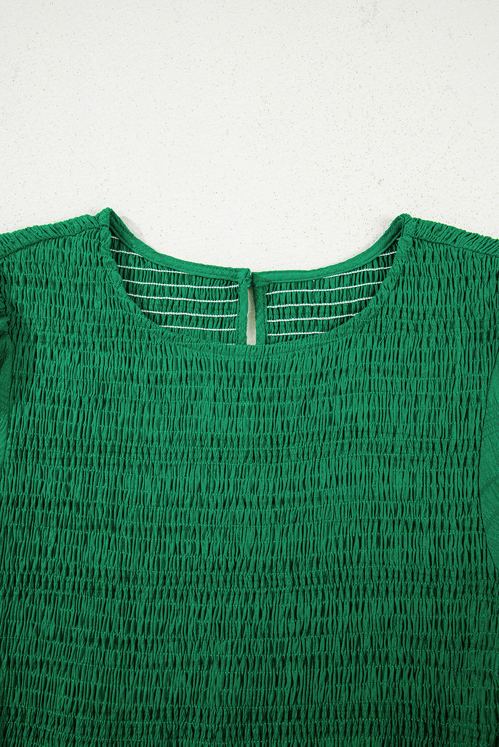 Dark Green Solid Textured Smocked Puff Short Sleeve High Waist Long Dress