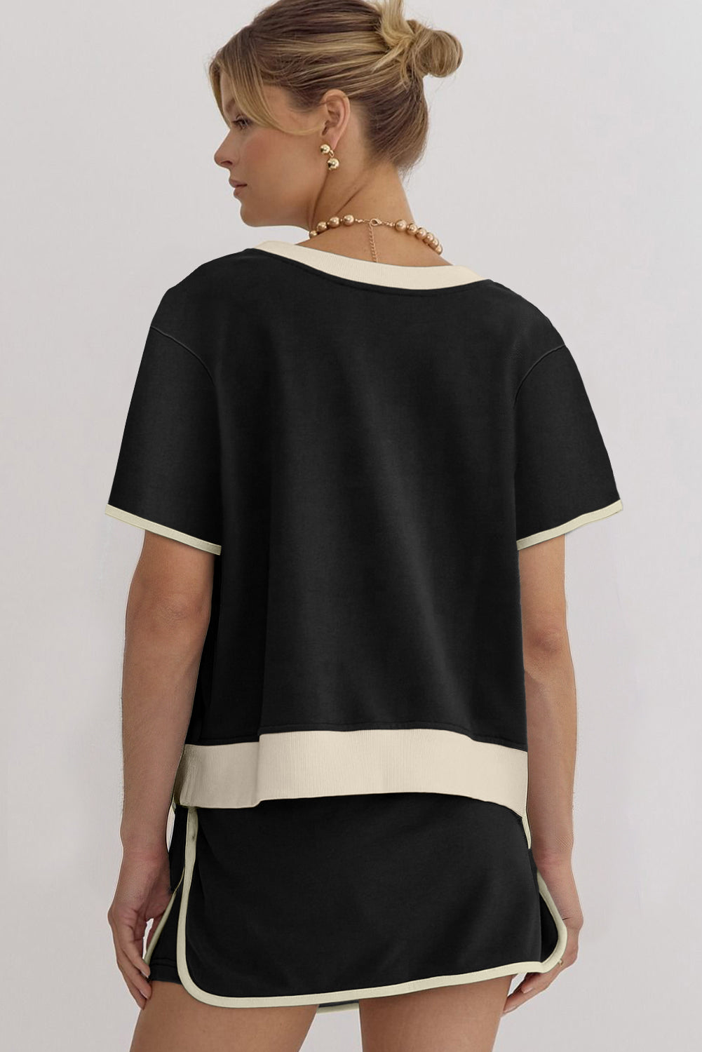Rose Red Colorblock Edge Drop Shoulder T Shirt and Skort 2Pcs Set