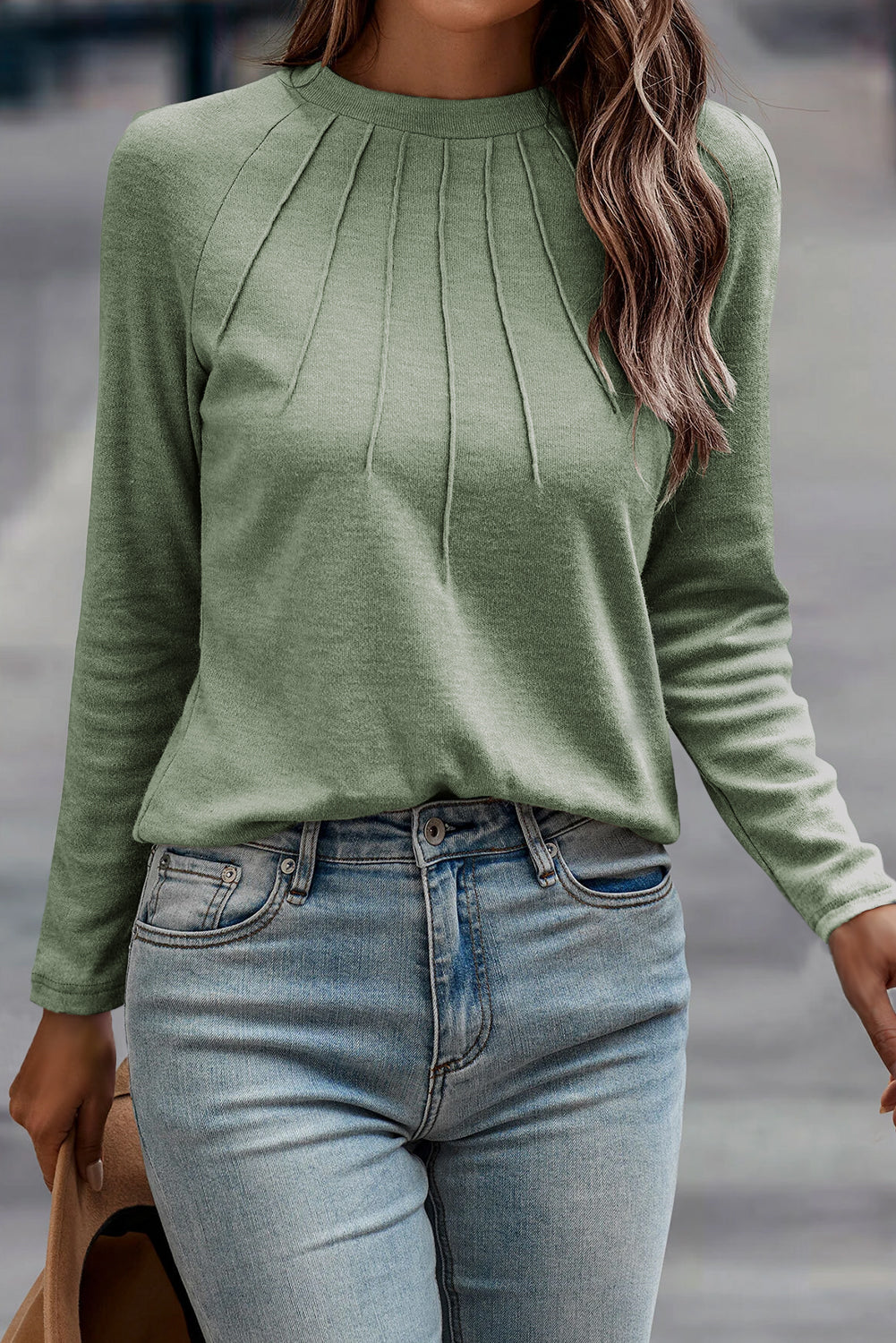 White Solid Color Seam Detail Raglan Long Sleeve Top