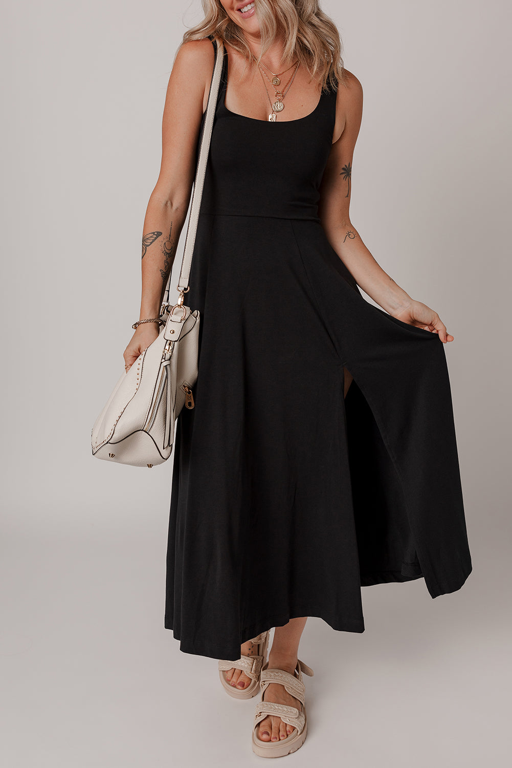 Four Leaf Clover Sleeveless Scoop Neck Flared Split Midi Dress