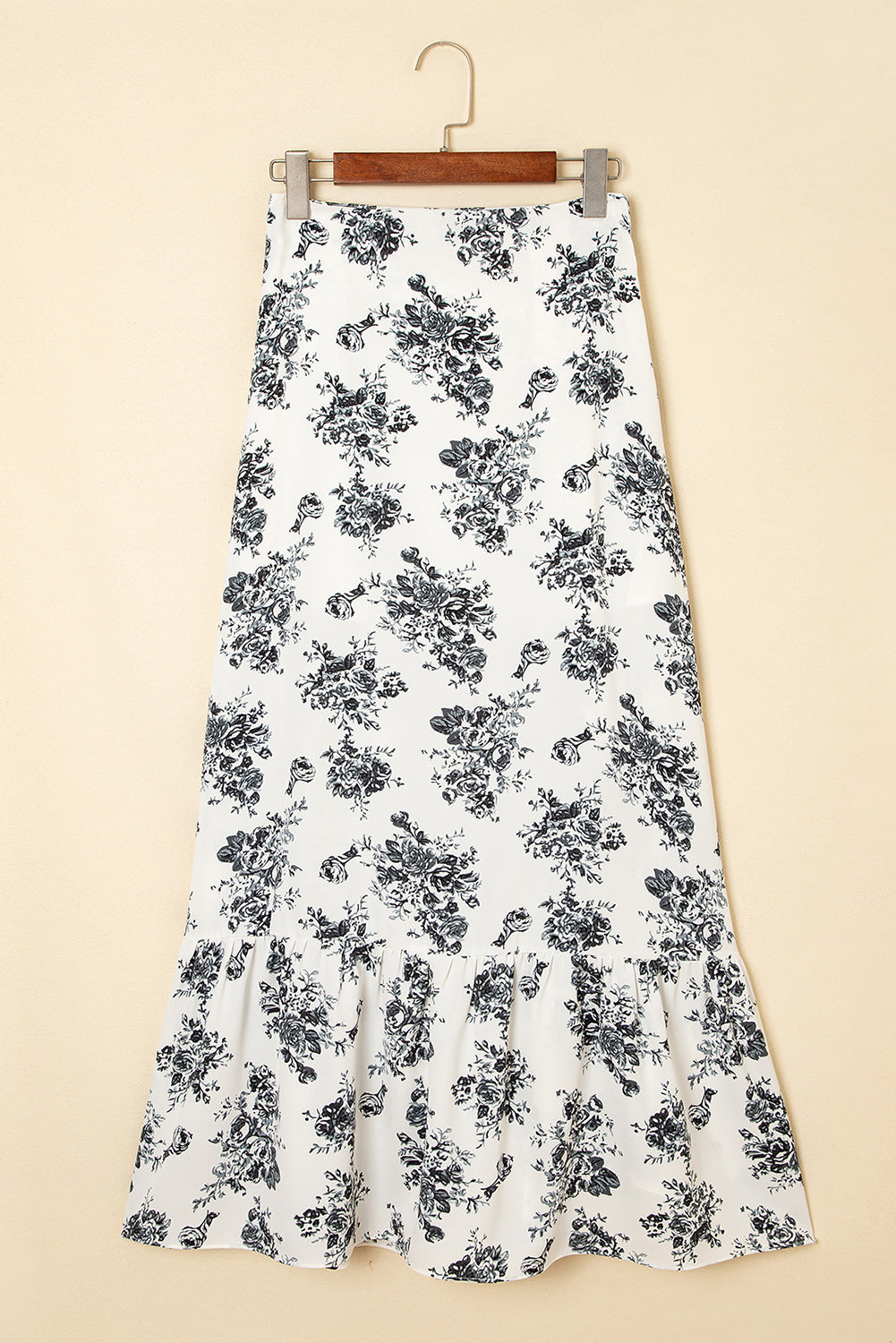 Rose Boho Floral High Waist Ruffle Split Maxi Skirt