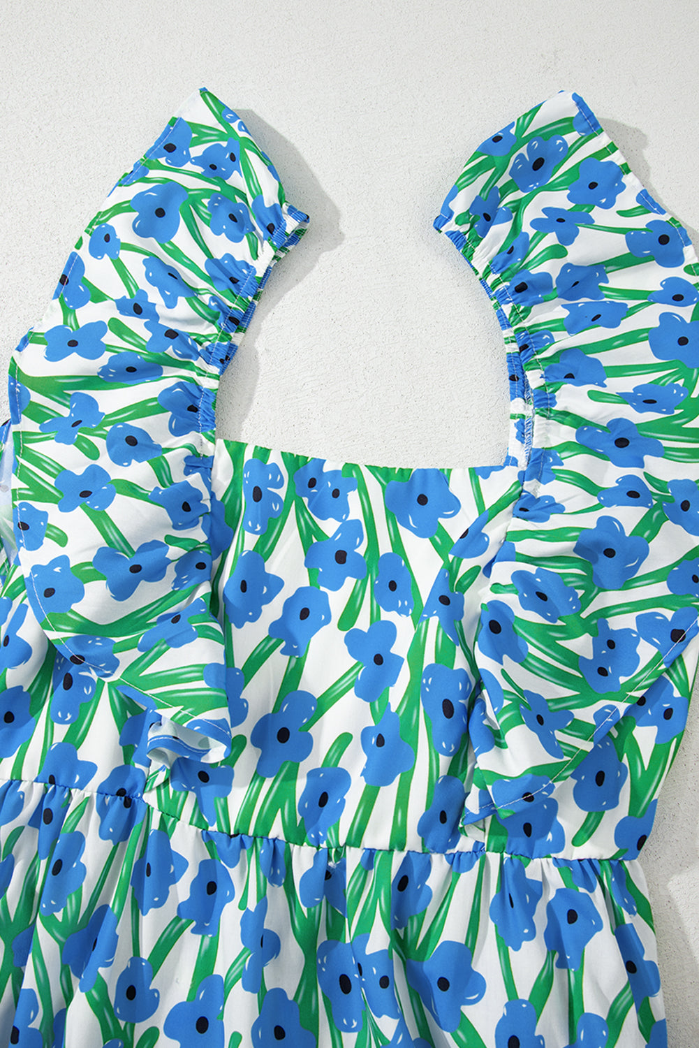Blue Floral Print Square Neck Ruffled Strap Maxi Dress