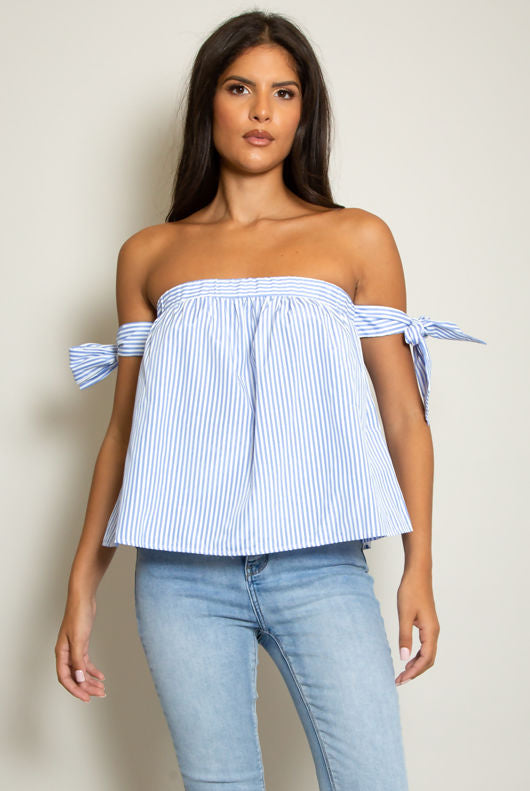 1276 - BLUE STRIPED BARDOT TOP
