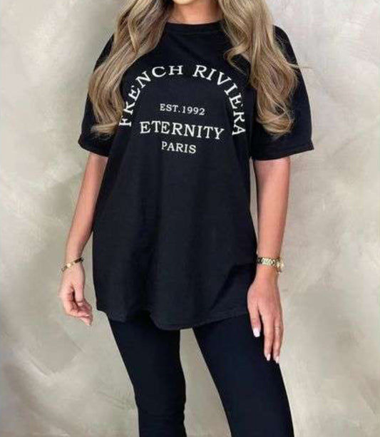 1323 - BLACK FRENCH RIVIERA SLOGAN T-SHIRT