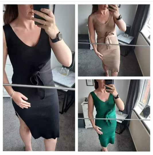 1028 - Ribbed Tie Waist Belted Dress (3 COLOURS)